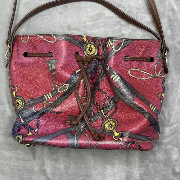 Talbots Leather Bucket Bag Womens Brown Red Equestrian Print Drawstring Shoulder - Picture 1 of 15